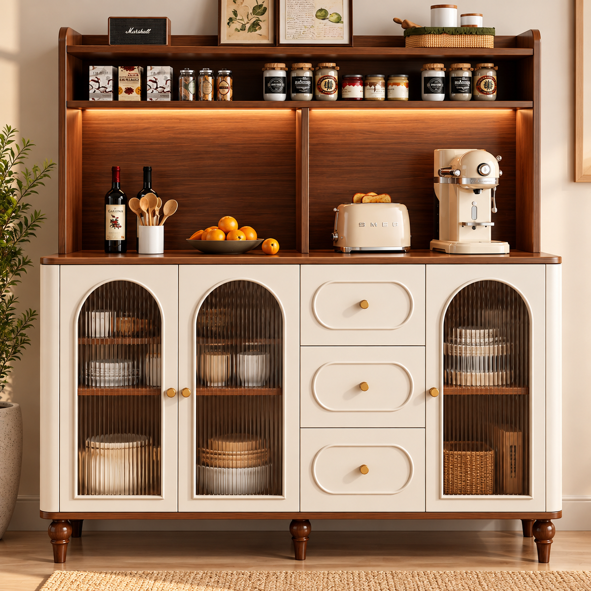 Modern Cream & Walnut Sideboard Cabinet with Fluted Glass Doors, Drawers & Open Hutch