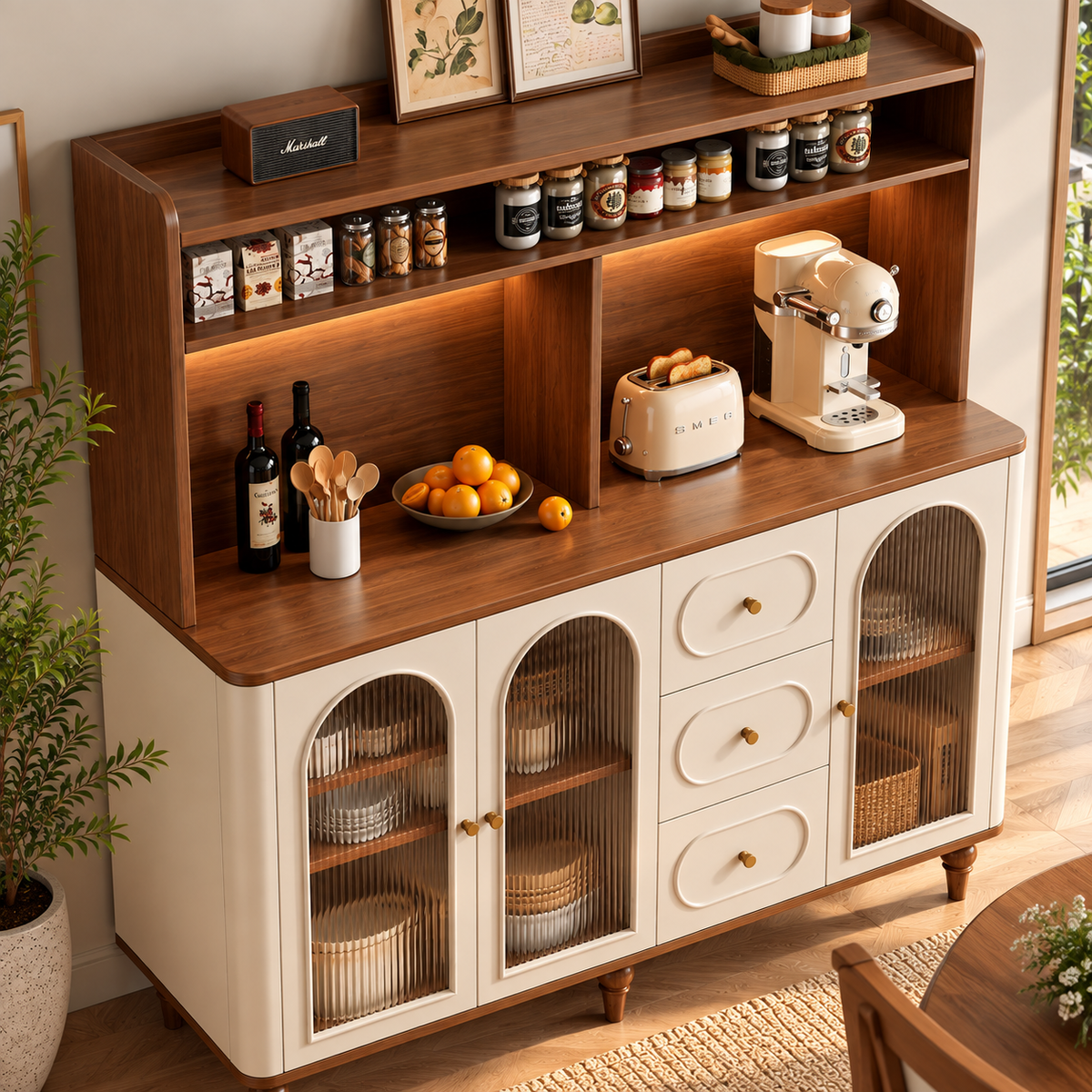 Modern Cream & Walnut Sideboard Cabinet with Fluted Glass Doors, Drawers & Open Hutch
