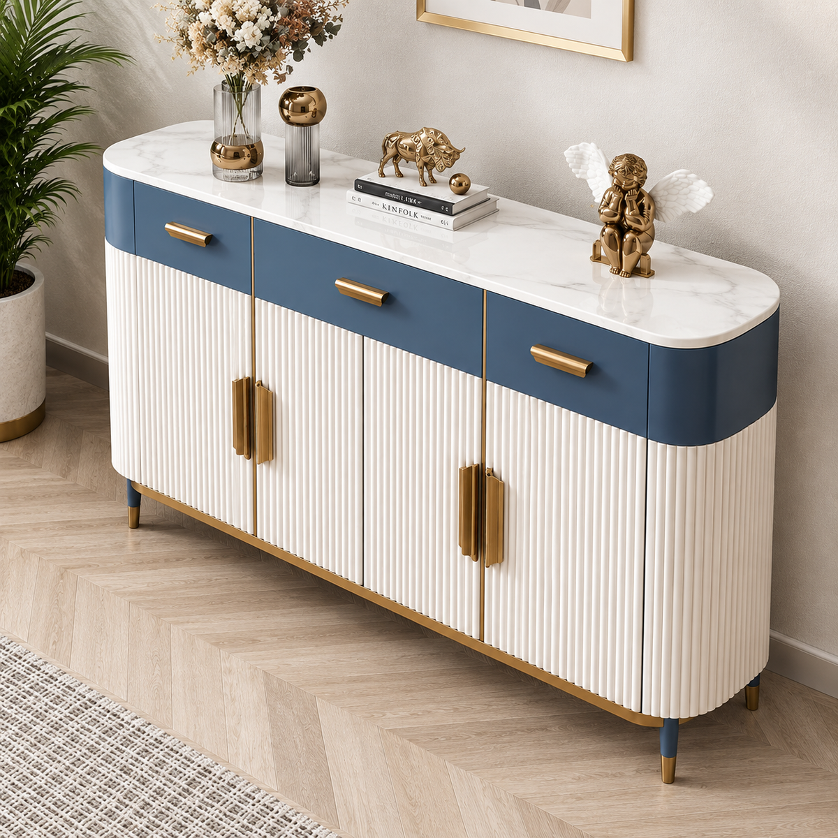 Modern Fluted Sideboard Cabinet with Blue Drawers & Gold Handles
