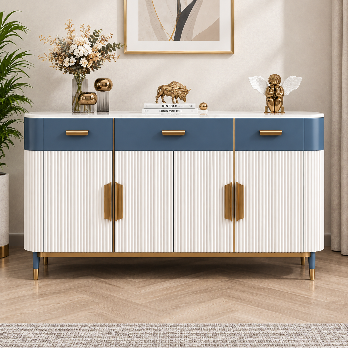 Modern Fluted Sideboard Cabinet with Blue Drawers & Gold Handles