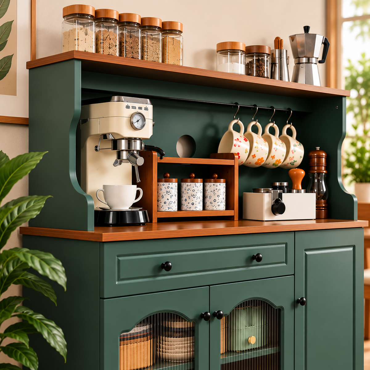 Modern Green Kitchen Buffet Cabinet with Coffee Station OUCH CART