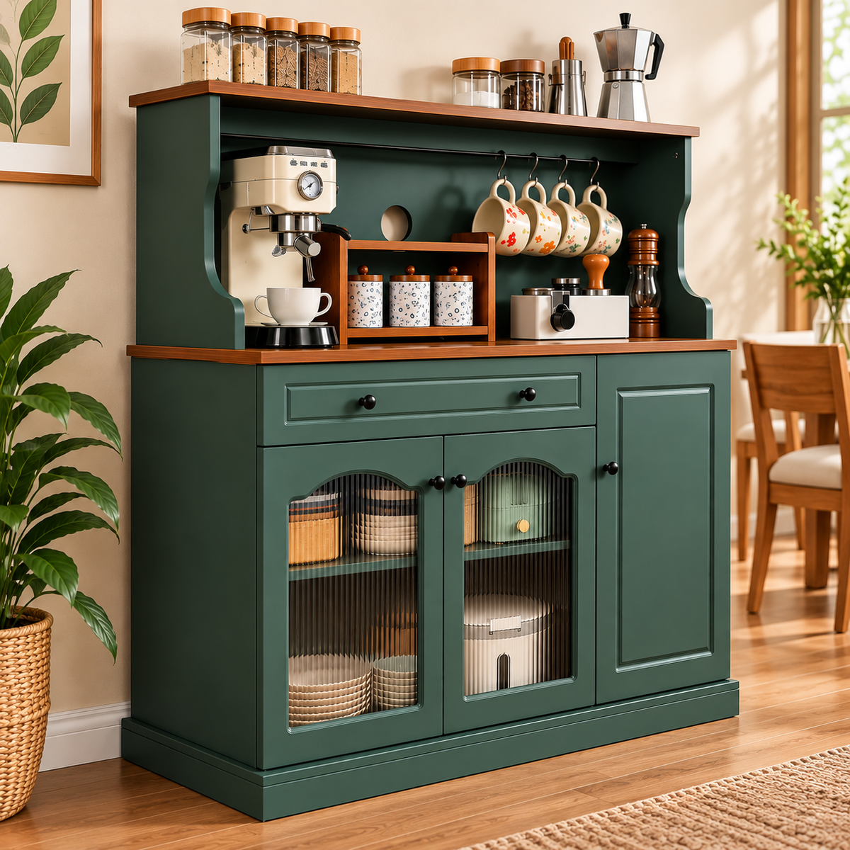 Modern Green Kitchen Buffet Cabinet with Coffee Station