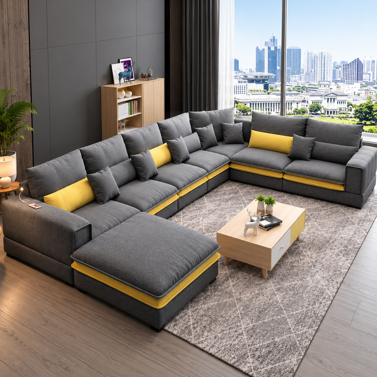 Modern L-Shaped Sectional Sofa Set for Living Room Luxury 7-Seater Grey Fabric Corner Sofa with Chaise & Yellow Accent