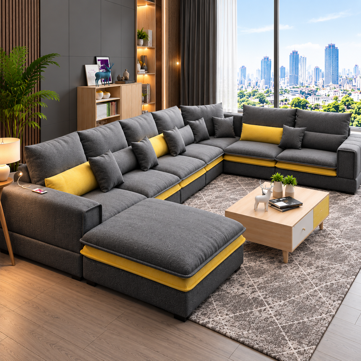 Modern L-Shaped Sectional Sofa Set for Living Room Luxury 7-Seater Grey Fabric Corner Sofa with Chaise & Yellow Accent