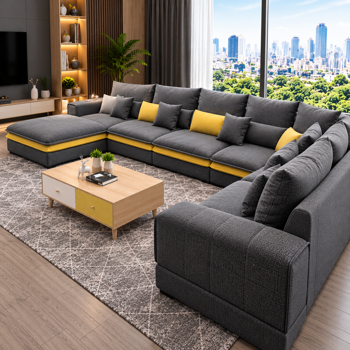 Modern L-Shaped Sectional Sofa Set for Living Room Luxury 7-Seater Grey Fabric Corner Sofa with Chaise & Yellow Accent