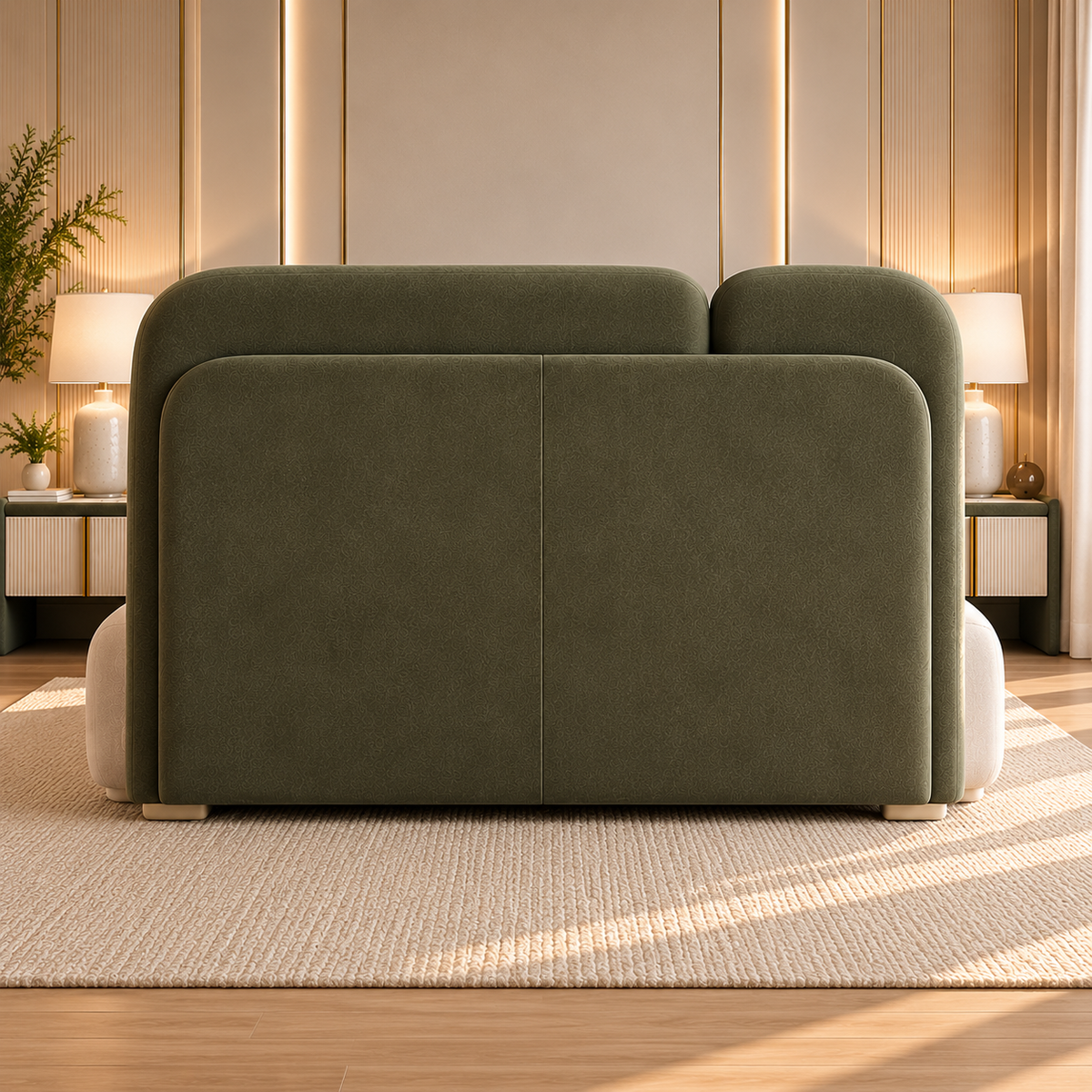 Modern Luxury Upholstered King Size Bed with Olive Green Headboard, Beige Fabric Finish & Contemporary Bedroom Design