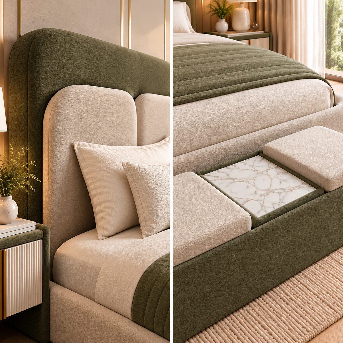 Modern Luxury Upholstered King Size Bed with Olive Green Headboard, Beige Fabric Finish & Contemporary Bedroom Design