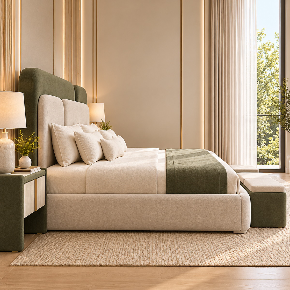 Modern Luxury Upholstered King Size Bed with Olive Green Headboard, Beige Fabric Finish & Contemporary Bedroom Design