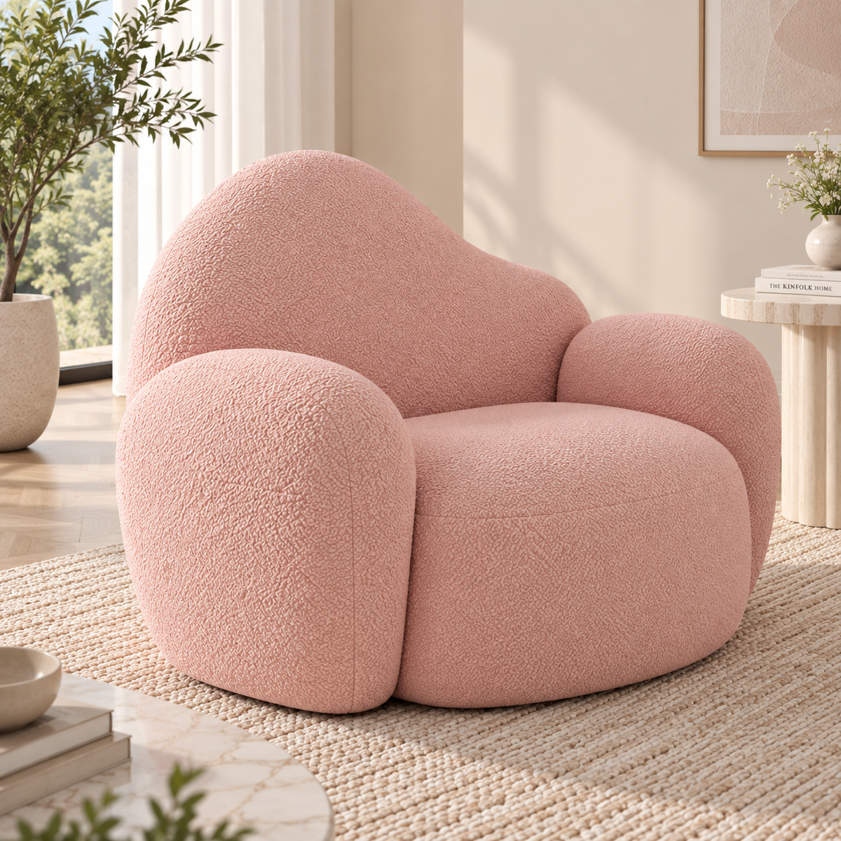 Modern Pink Boucle Accent Chair for Living Room Cloud Style Curved Lounge Chair Plush Upholstered Armchair