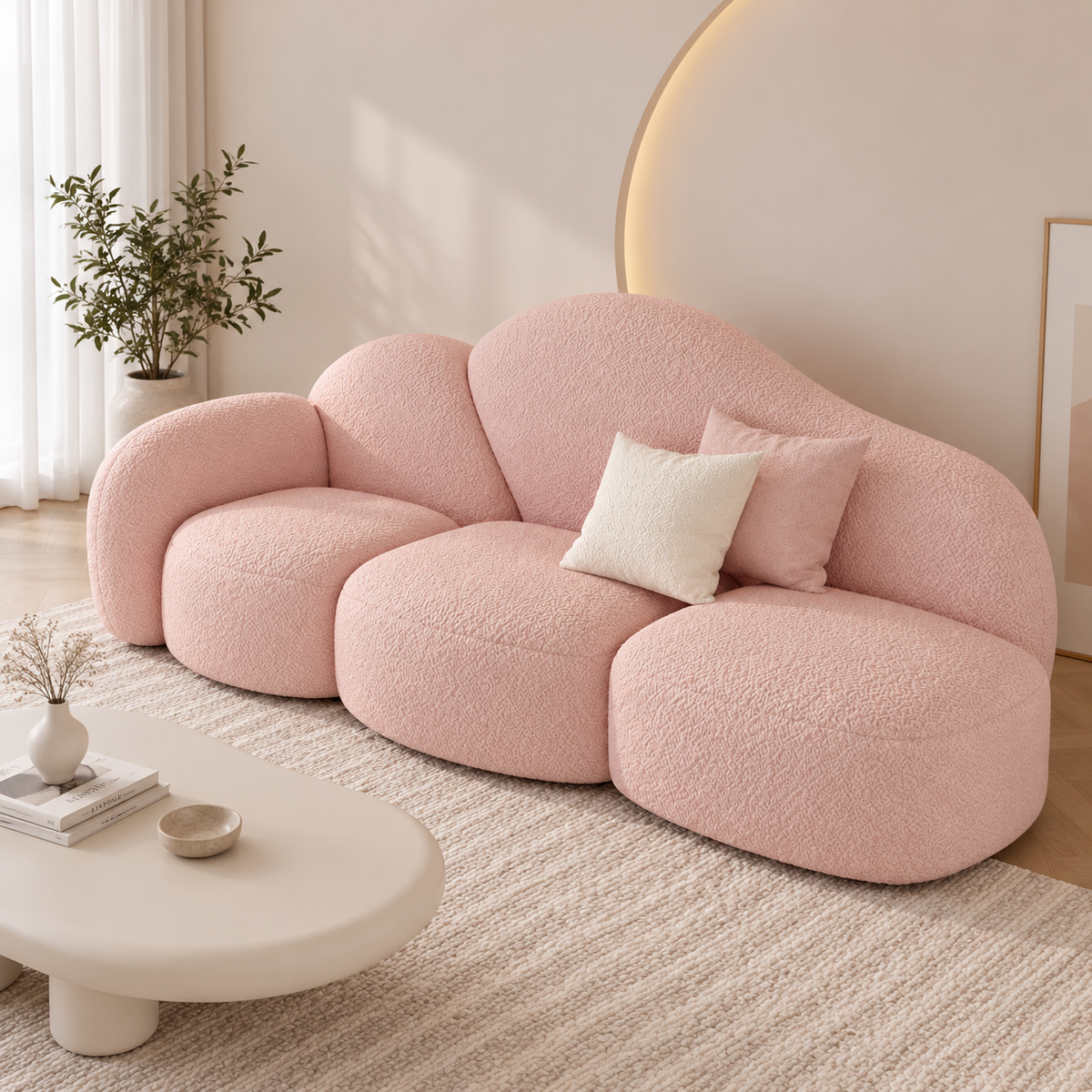 Modern Pink Boucle Sofa for Living Room | Cloud Style Curved 3-Seater Sofa | Plush Upholstered Couch