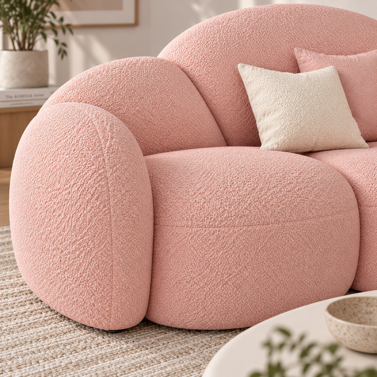 Modern Pink Boucle Sofa for Living Room | Cloud Style Curved 3-Seater Sofa | Plush Upholstered Couch