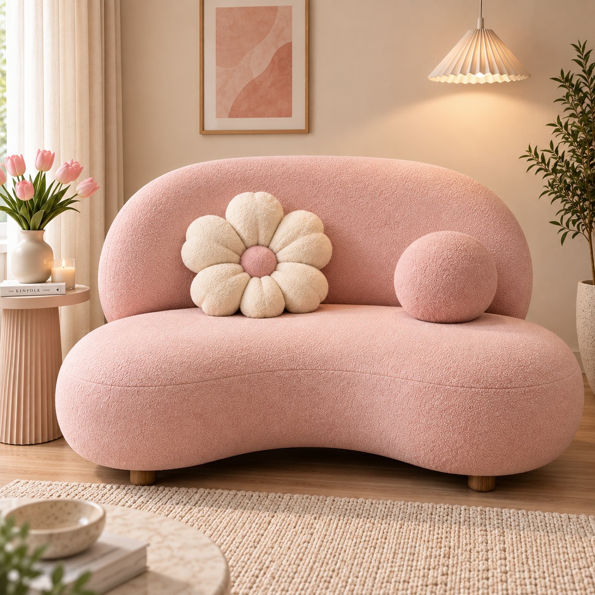 Modern Pink Boucle Sofa for Living Room | Curved Cloud Style 2 Seater Sofa | Plush Upholstered Loveseat Ouch Cart