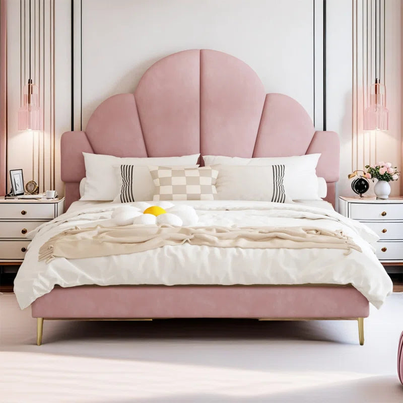 Modern Queen Size Upholstered Bed Frame With Elegant Design And Petal Shape Headboard