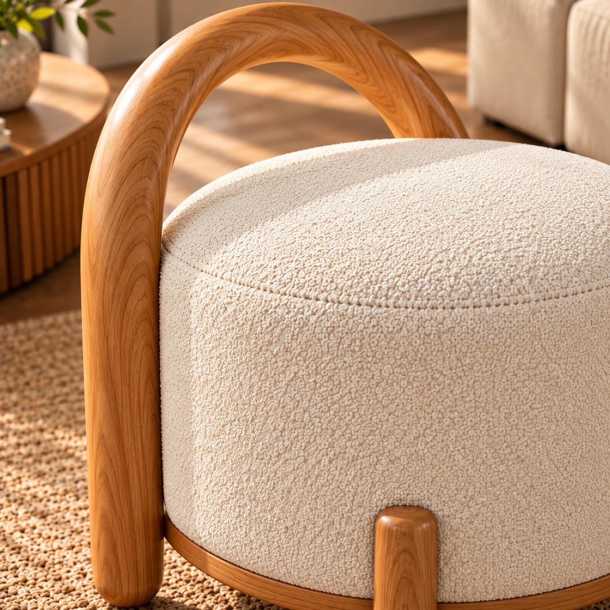 Modern Round Ottoman Stool with Cream Bouclé Upholstery and Wooden Handle, Upholstered Accent Stool for Living Room