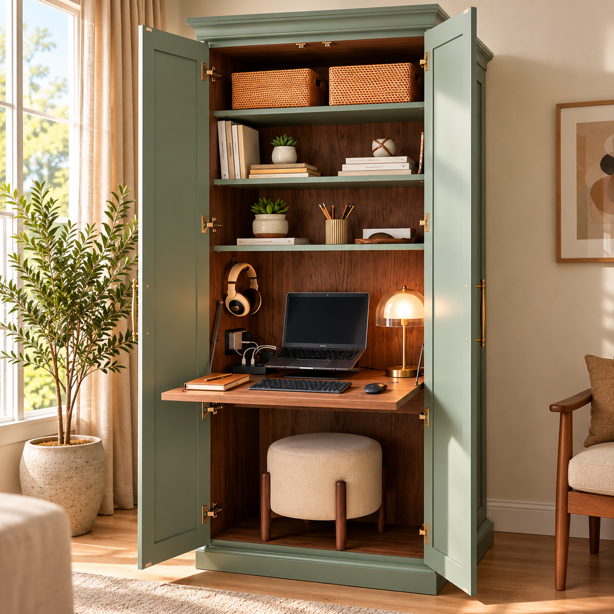 Modern Sage Green Armoire Cabinet with Fold-Down Desk