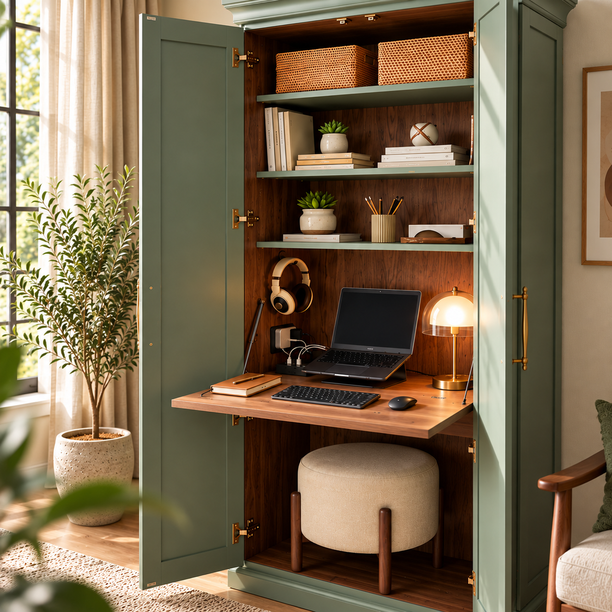 Modern Sage Green Armoire Cabinet with Fold-Down Desk