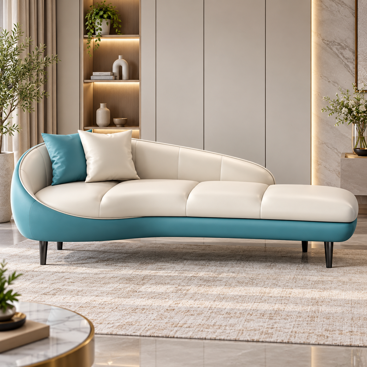 Modern Teal & Cream Chaise Lounge Sofa | Luxury Curved Daybed Sofa with Cushioned Seat Ouch Cart