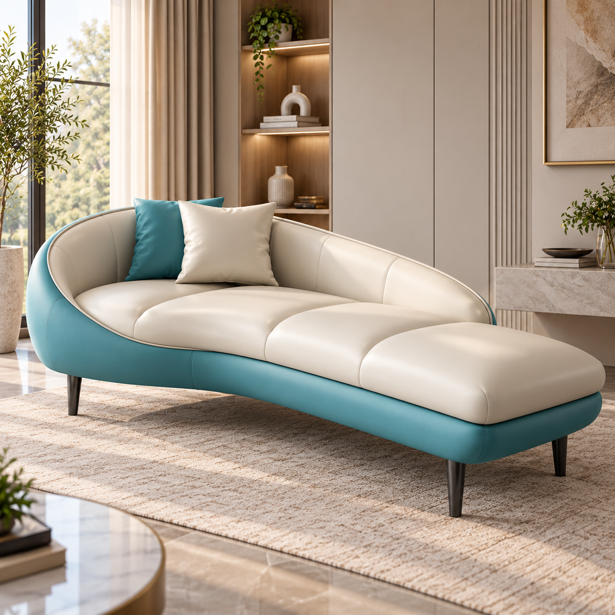 Modern Teal & Cream Chaise Lounge Sofa | Luxury Curved Daybed Sofa with Cushioned Seat Ouch Cart