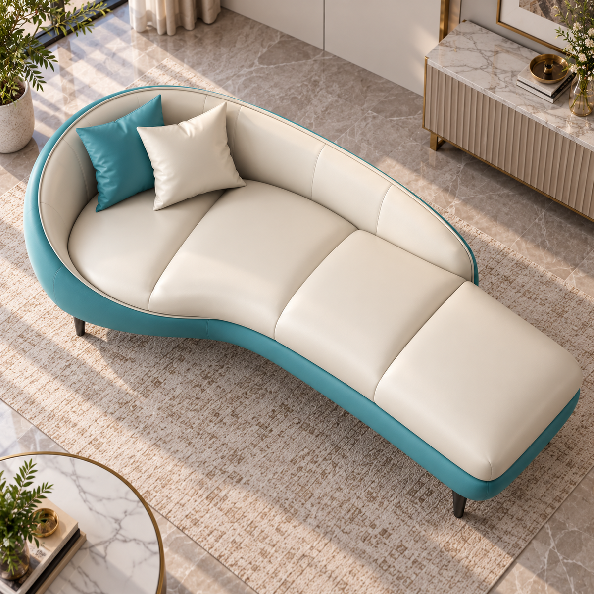 Modern Teal & Cream Chaise Lounge Sofa | Luxury Curved Daybed Sofa with Cushioned Seat Ouch Cart