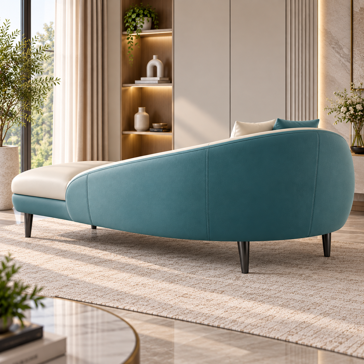 Modern Teal & Cream Chaise Lounge Sofa | Luxury Curved Daybed Sofa with Cushioned Seat Ouch Cart