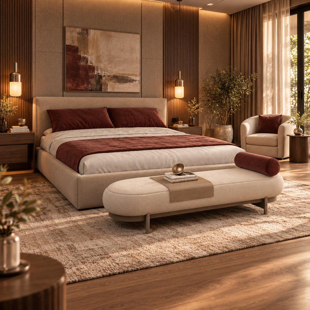 Modern Upholstered Bedroom Bench with Wooden Accent Tray, Rounded Cream Fabric Ottoman with Bolster Cushion and Metal Legs for Bedroom & Living Room