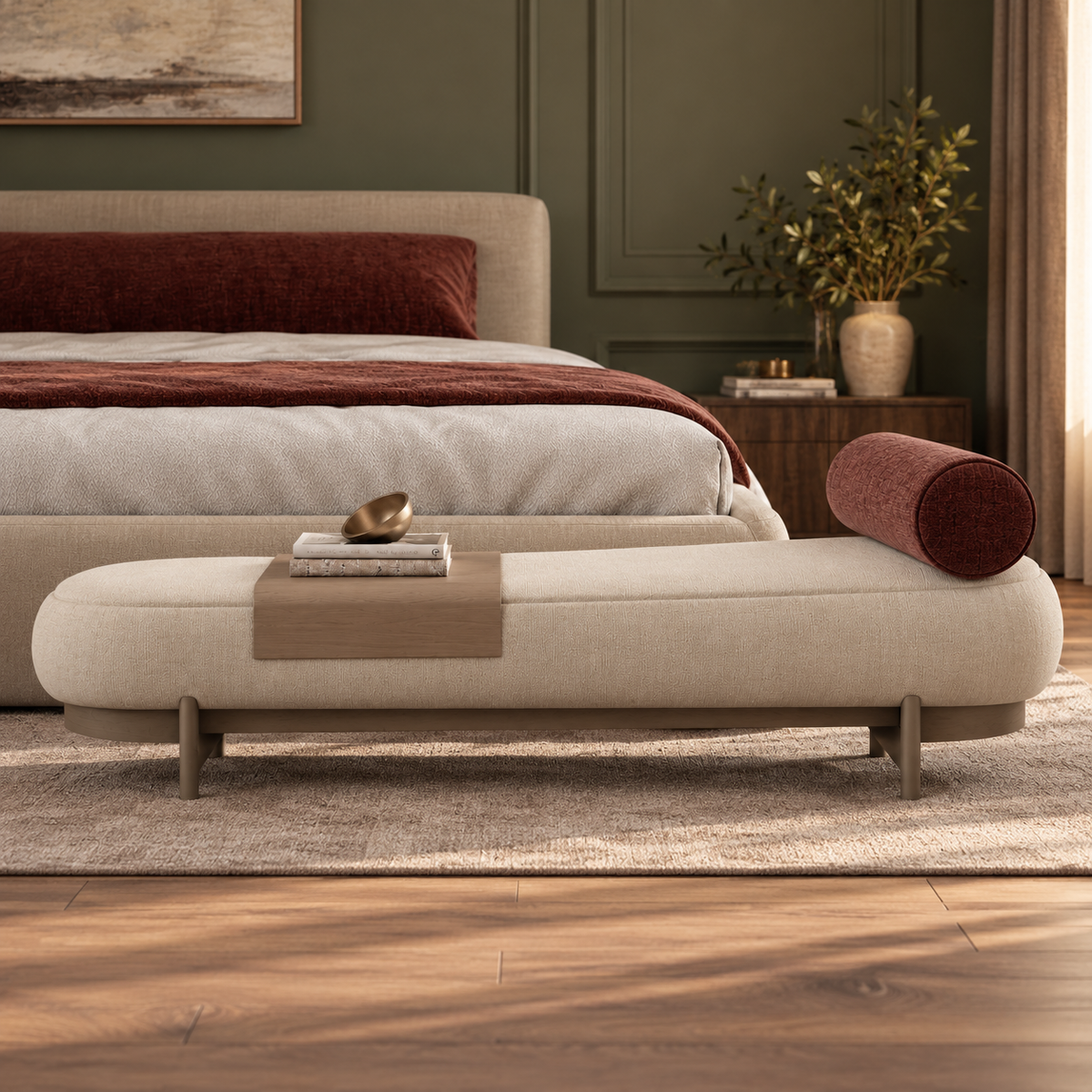 Modern Upholstered Bedroom Bench with Wooden Accent Tray, Rounded Cream Fabric Ottoman with Bolster Cushion and Metal Legs for Bedroom & Living Room