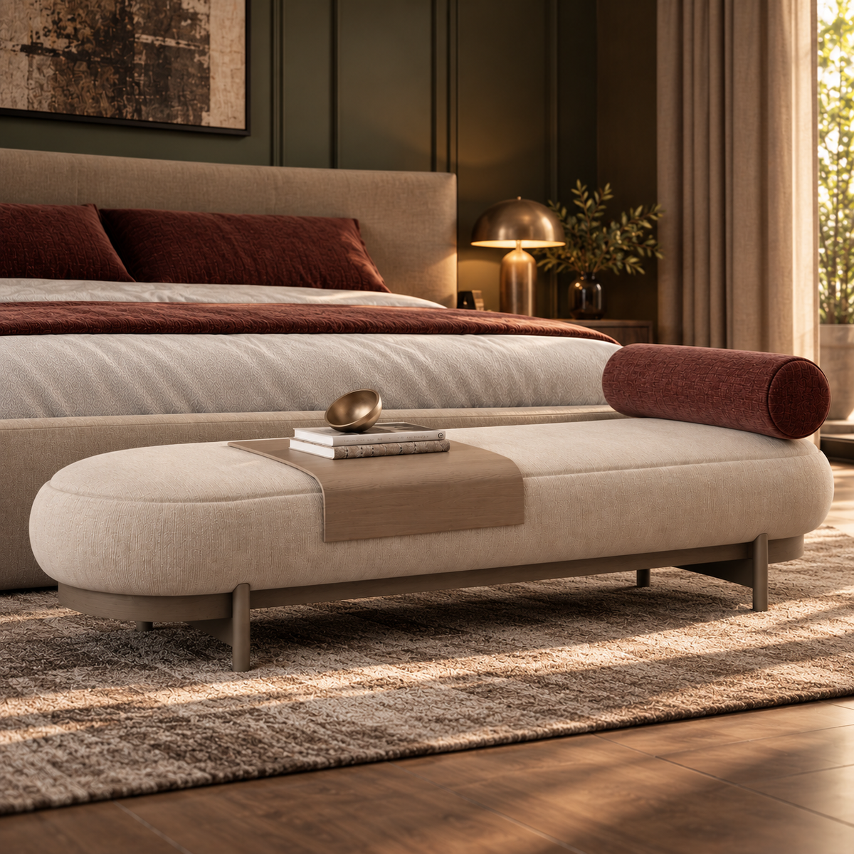 Modern Upholstered Bedroom Bench with Wooden Accent Tray, Rounded Cream Fabric Ottoman with Bolster Cushion and Metal Legs for Bedroom & Living Room