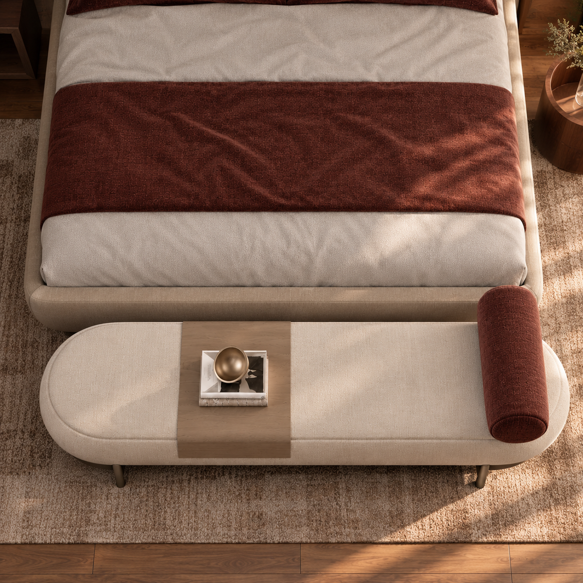 Modern Upholstered Bedroom Bench with Wooden Accent Tray, Rounded Cream Fabric Ottoman with Bolster Cushion and Metal Legs for Bedroom & Living Room
