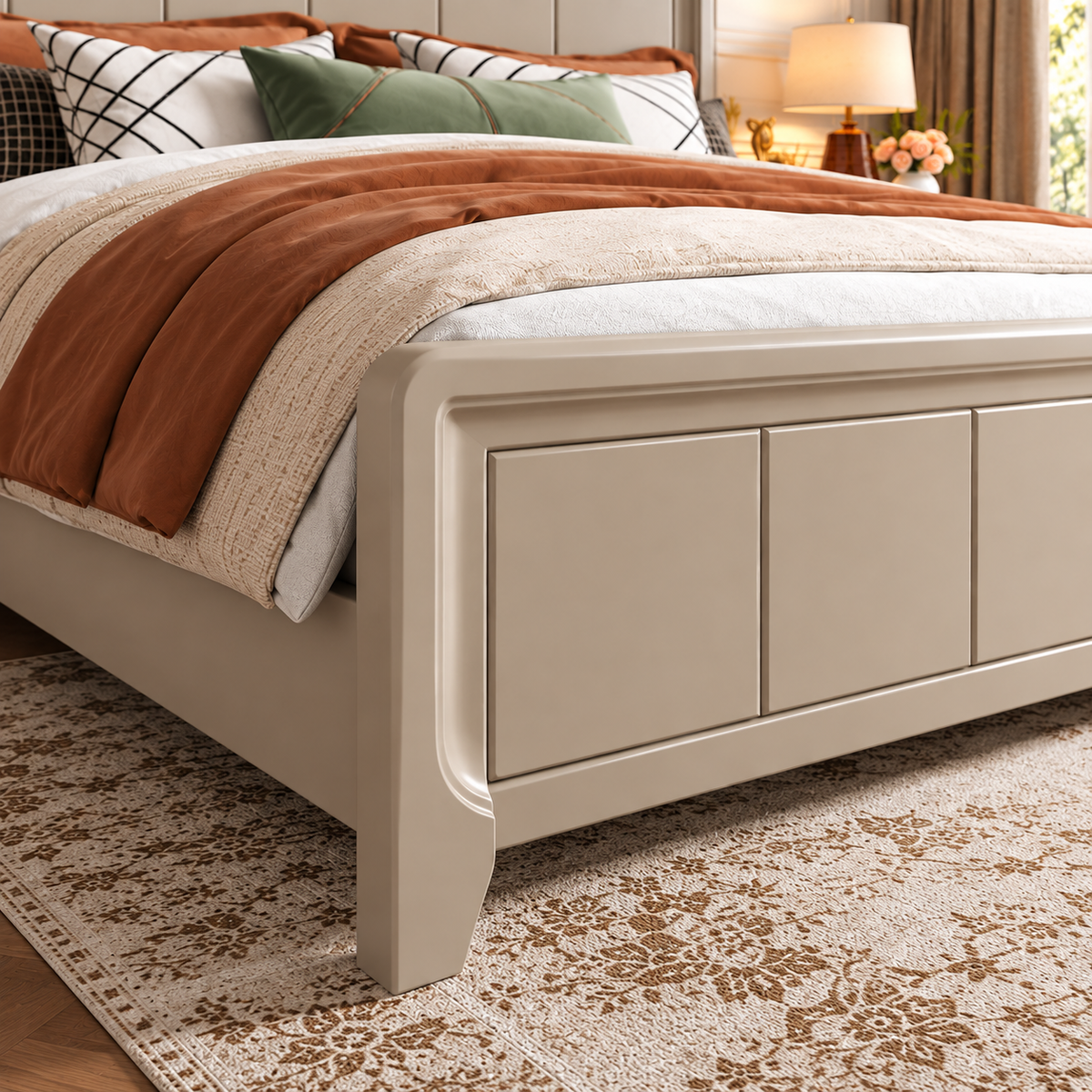 Modern Upholstered Wooden Bed with Scalloped Headboard & Panelled Footboard