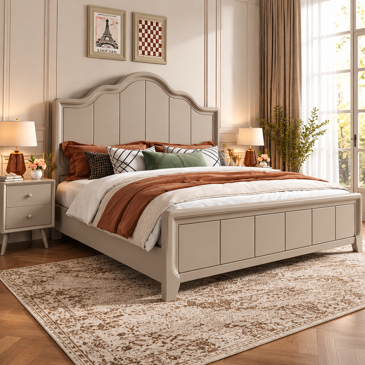 Modern Upholstered Wooden Bed with Scalloped Headboard & Panelled Footboard