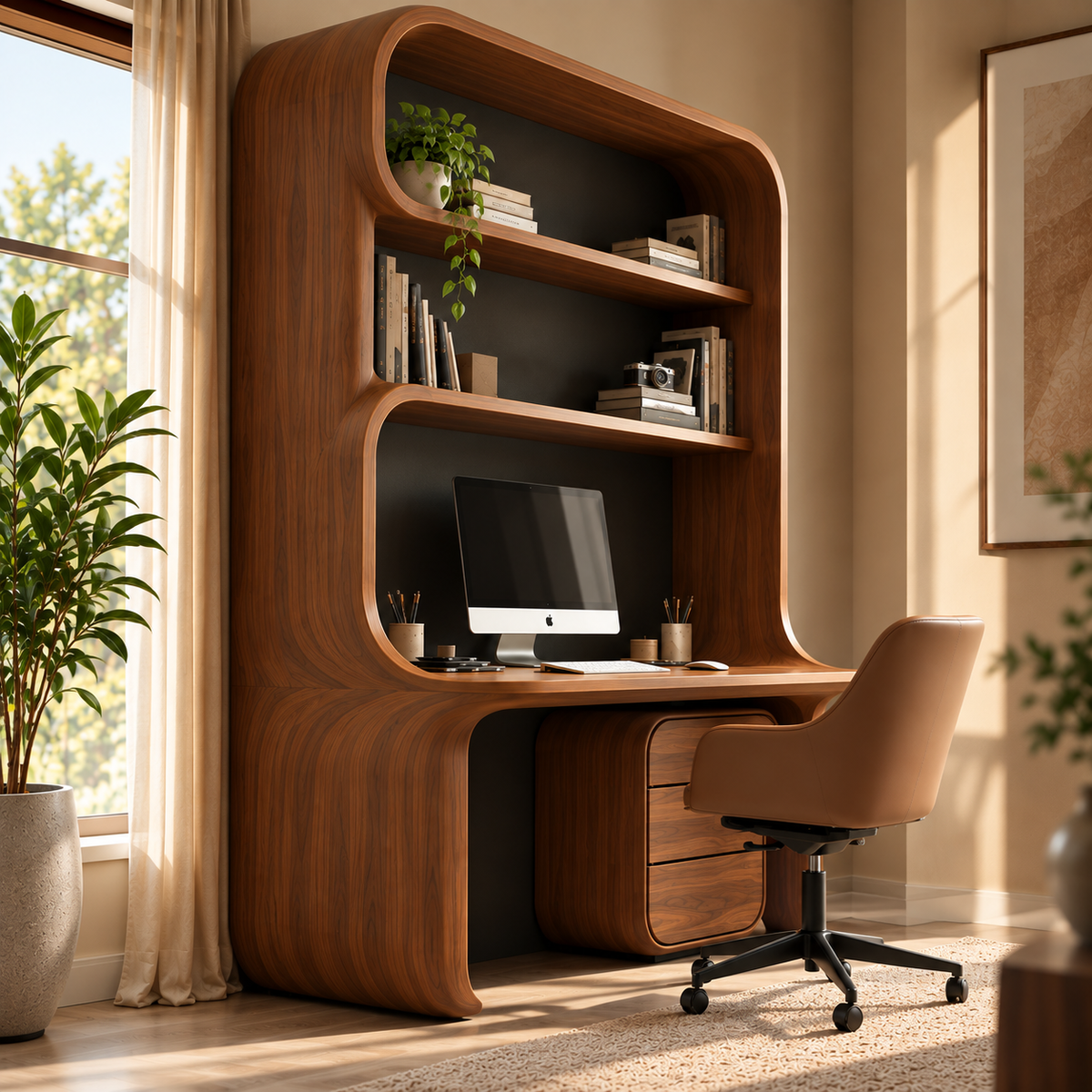Modern Walnut Home Office Desk with Integrated Shelves & 3 Drawers