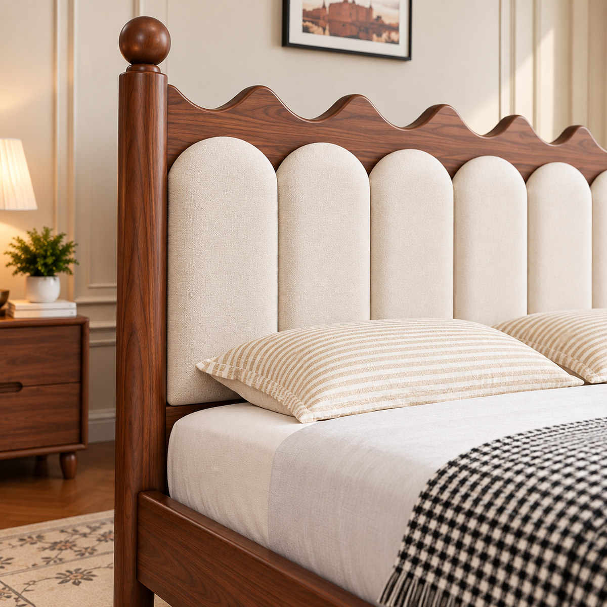 Modern Walnut Wooden Bed with Cream Upholstered Scalloped Headboard