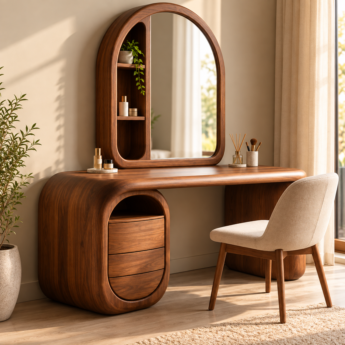 Modern Walnut Dressing Table with Arched Mirror & 3 Drawers