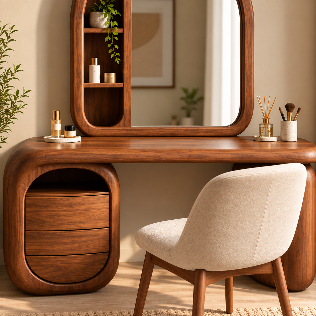 Modern Walnut Dressing Table with Arched Mirror & 3 Drawers