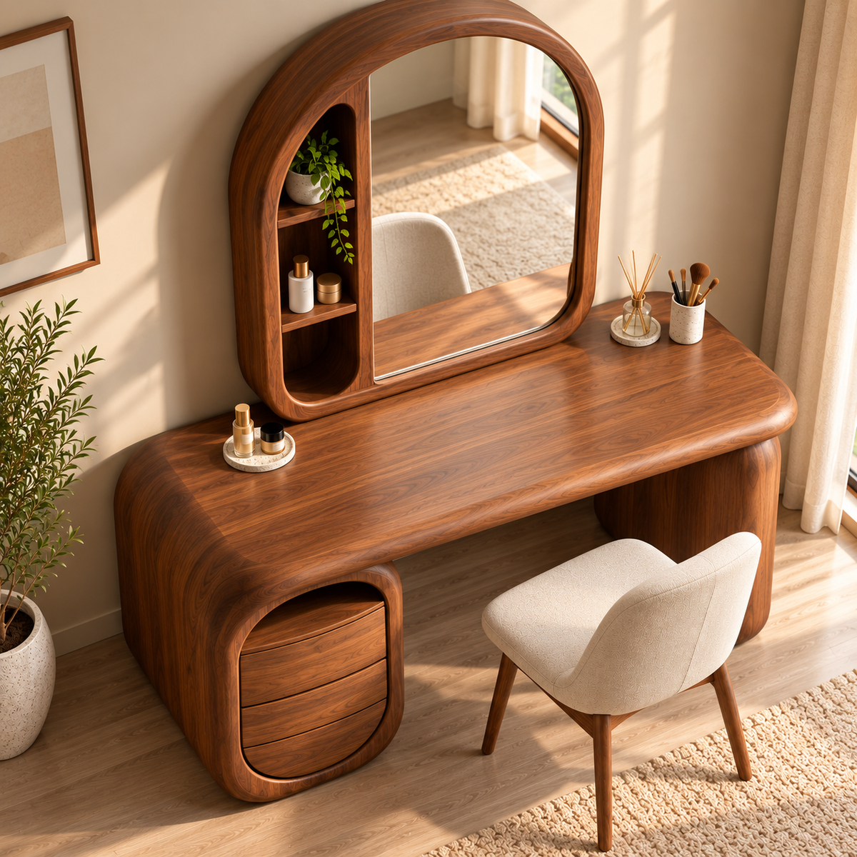 Modern Walnut Dressing Table with Arched Mirror & 3 Drawers