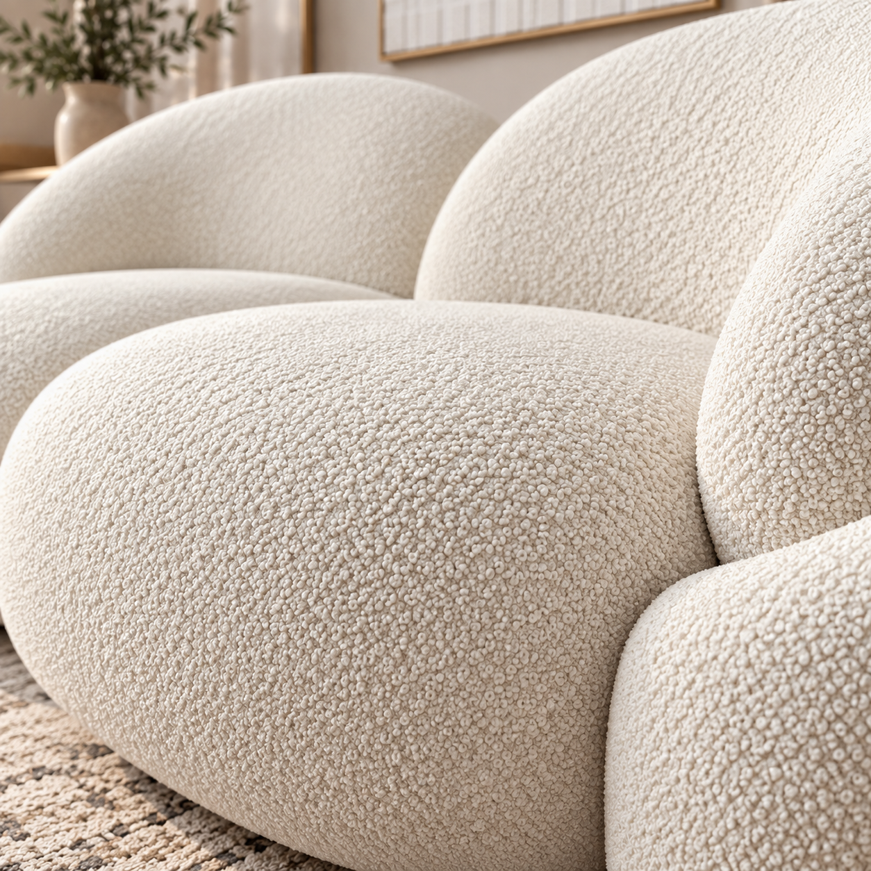 Modern White Boucle 2 Seater Sofa | Luxury Curved Loveseat with Plush Cushions