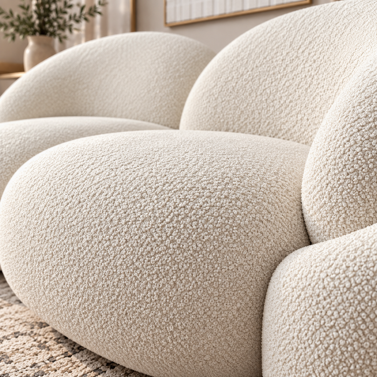 Modern White Boucle 2 Seater Sofa | Luxury Curved Loveseat with Plush Cushions OUCH CART