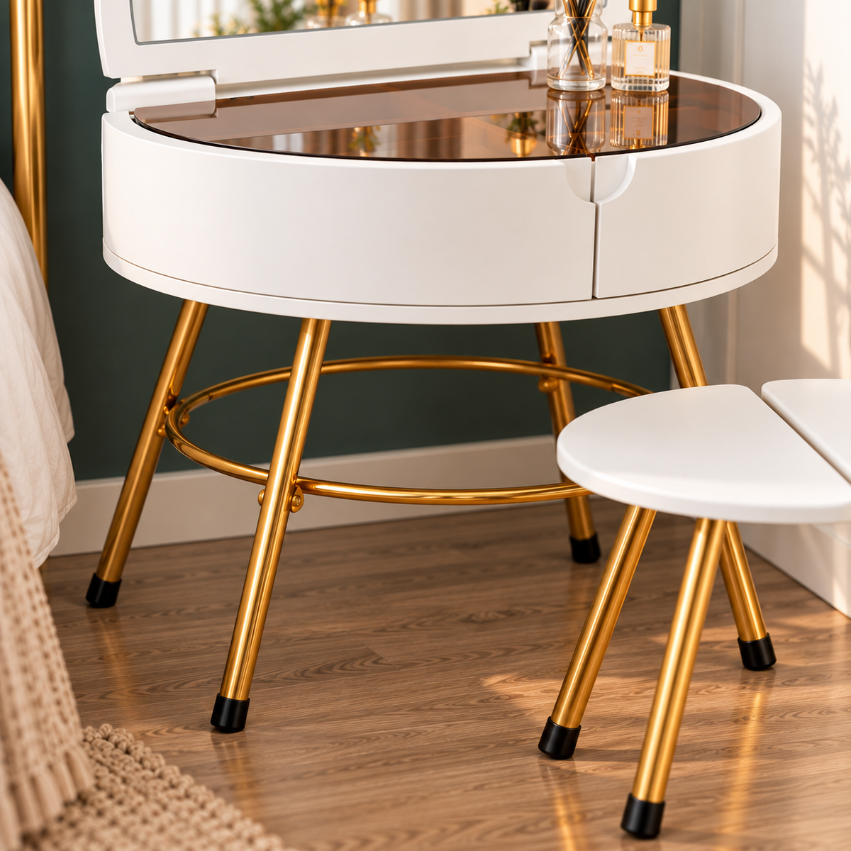 Modern White Dressing Table with Mirror & Stool OUCH CART