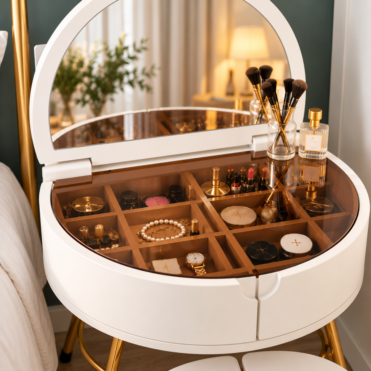 Modern White Dressing Table with Mirror & Stool OUCH CART