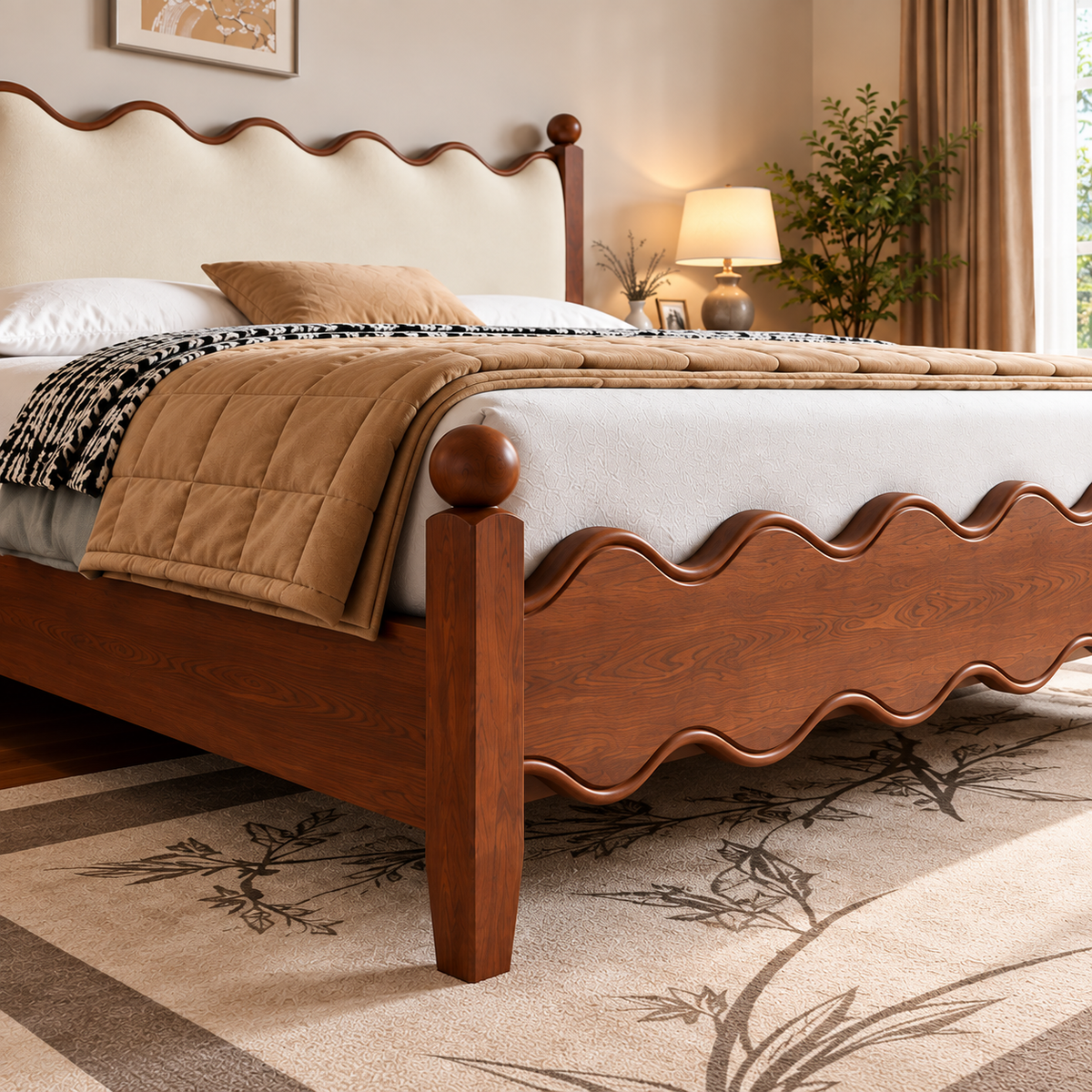 Modern Wooden Bed with Cream Upholstered Headboard & Wave Design, Walnut Finish
