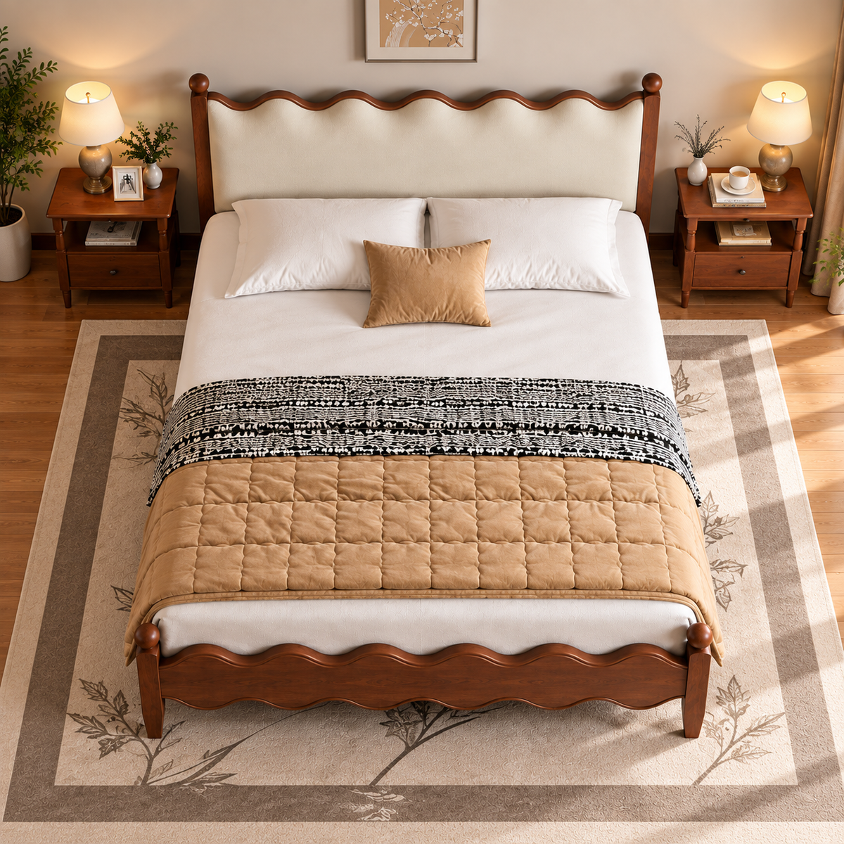 Modern Wooden Bed with Cream Upholstered Headboard & Wave Design, Walnut Finish