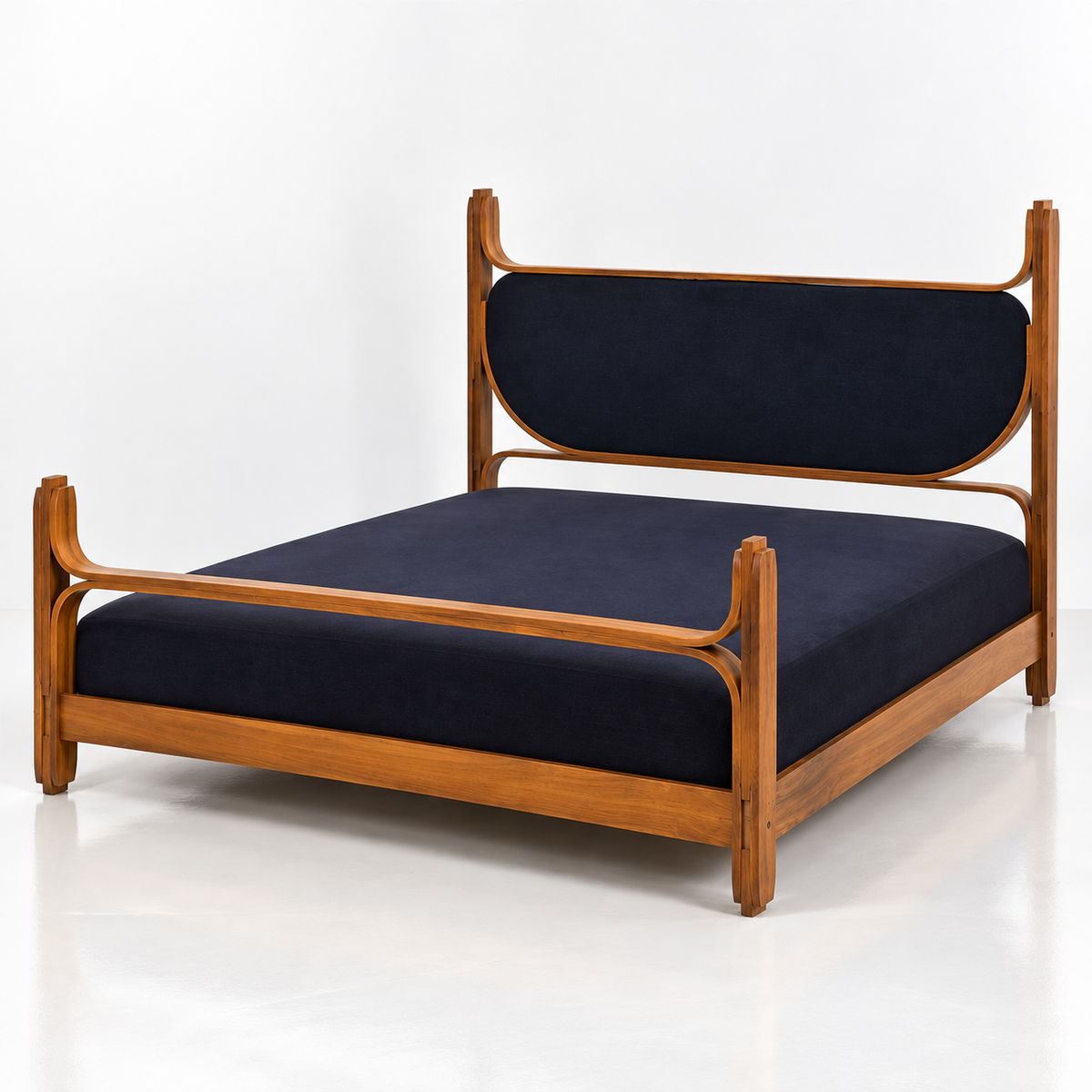 Modern Wooden Bed with Upholstered Headboard, Premium Solid Wood Bed Frame with Navy Blue Fabric, Contemporary King Size Platform Bed for Bedroom, Elegant Wooden Bedstead