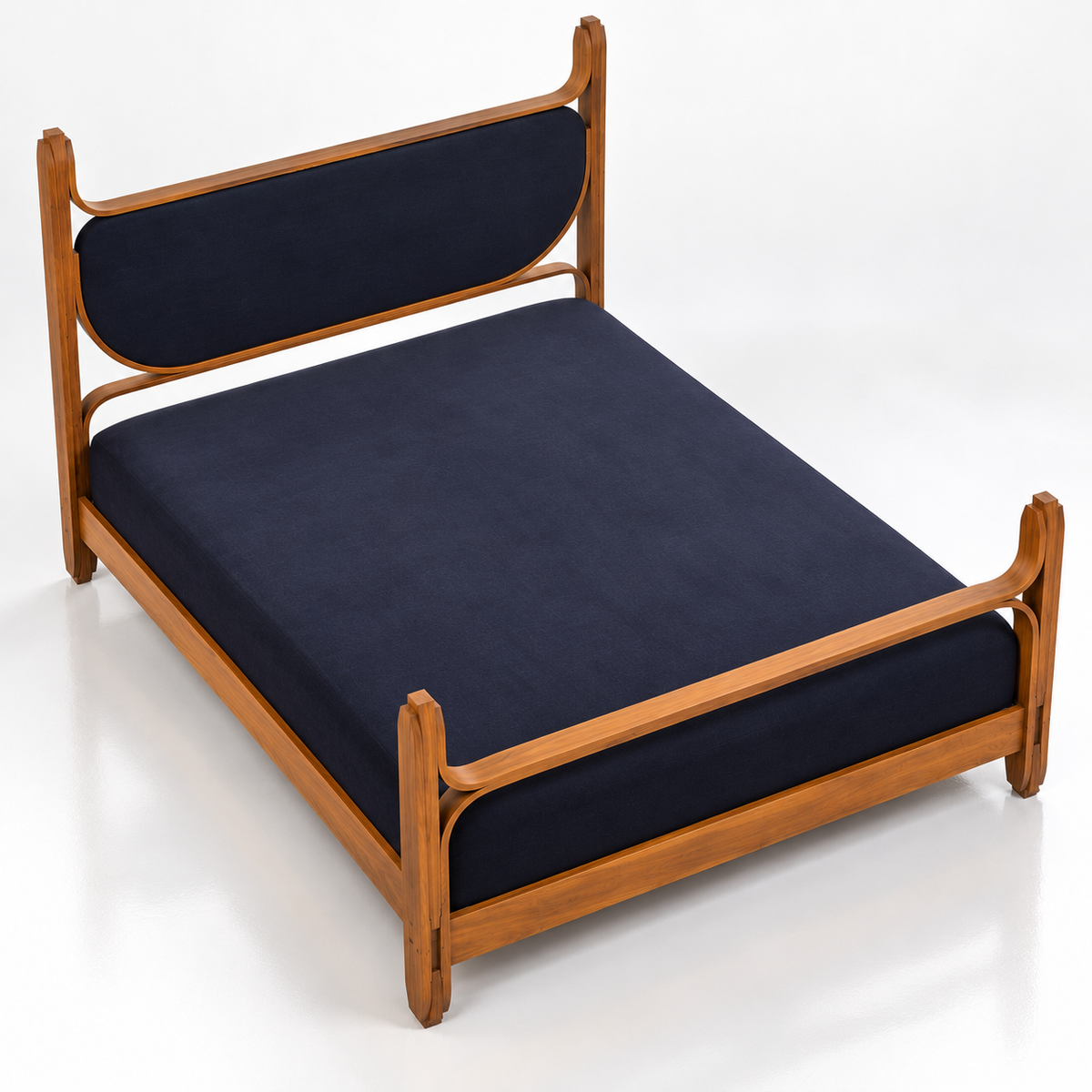 Modern Wooden Bed with Upholstered Headboard, Premium Solid Wood Bed Frame with Navy Blue Fabric, Contemporary King Size Platform Bed for Bedroom, Elegant Wooden Bedstead