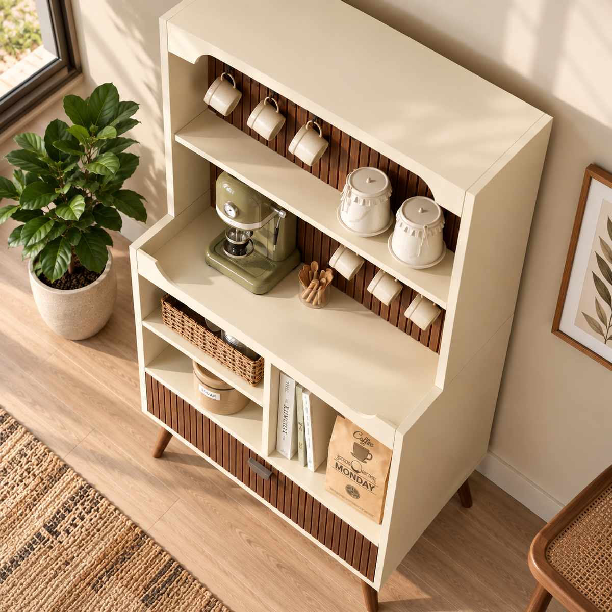 Modern Wooden Coffee Station Cabinet with Open Shelves Walnut Slatted Coffee Bar Cabinet with Storage