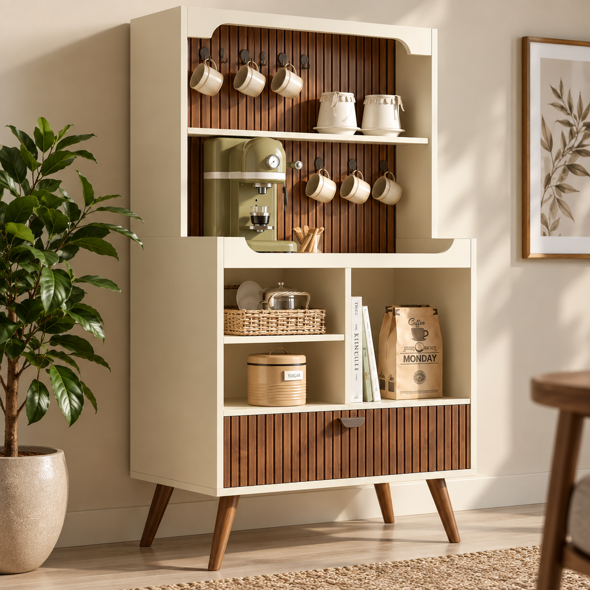 Modern Wooden Coffee Station Cabinet with Open Shelves Walnut Slatted Coffee Bar Cabinet with Storage OUCH CART