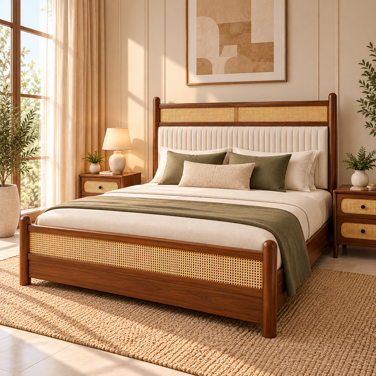 Modern Wooden King Size Bed with Cane Headboard & Upholstered Backrest, Walnut Finish