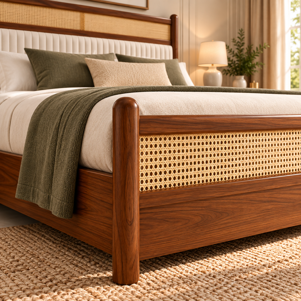 Modern Wooden King Size Bed with Cane Headboard & Upholstered Backrest, Walnut Finish OUCH CART