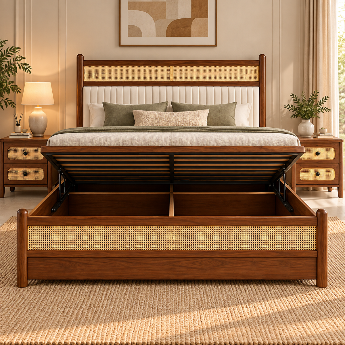 Modern Wooden King Size Bed with Cane Headboard & Upholstered Backrest, Walnut Finish