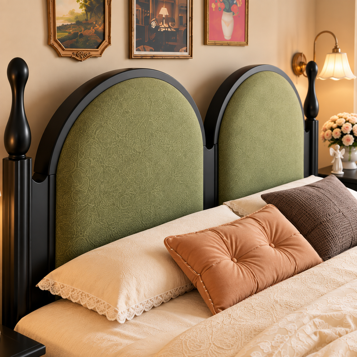 Modern Wooden King Size Bed with Double Arch Green Upholstered Headboard, Black Finish