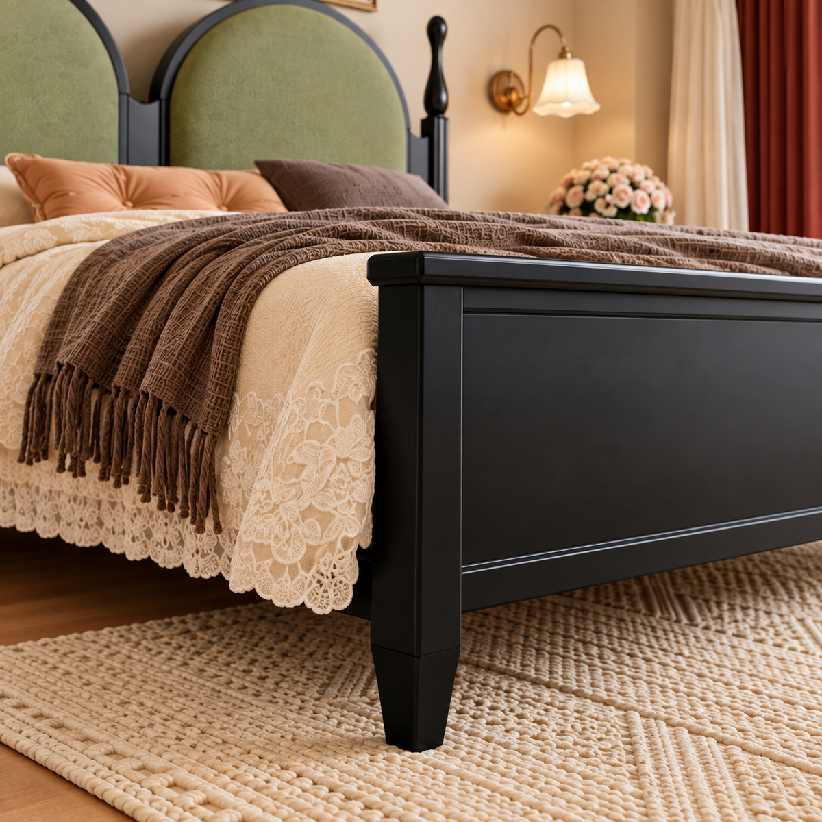 Modern Wooden King Size Bed with Double Arch Green Upholstered Headboard, Black Finish